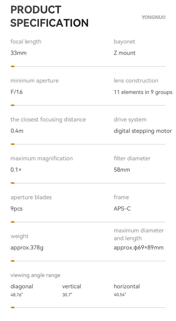 YONGNUO 33mm f/1.4 specification